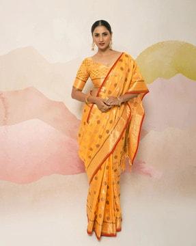 polka-dot print cotton blend saree with tassels