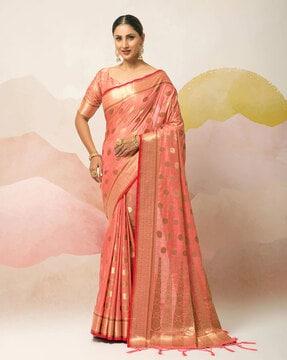 polka-dot print cotton blend saree with tassels