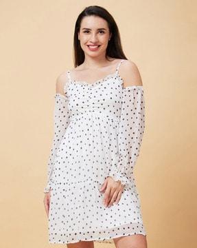 polka-dot print dress with cold-shoulder sleeves