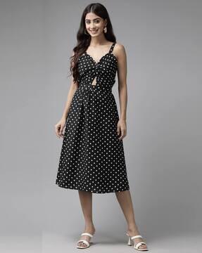 polka-dot print fit & flare dress with back tie-up