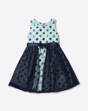 polka-dot print fit & flare dress with contrast overlay