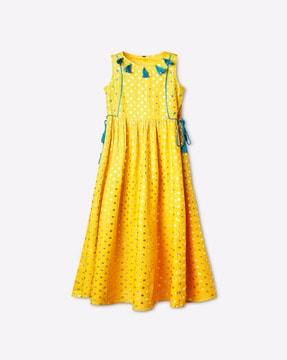 polka-dot print fit & flare dress with embroidery