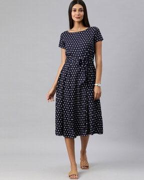 polka-dot print fit & flare dress with waist tie-up