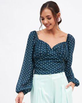 polka-dot print fitted top with bishop sleeves