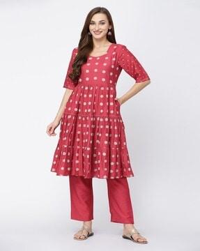 polka-dot print flared kurta set