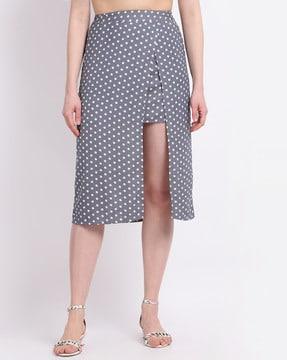 polka-dot print front slit skirt