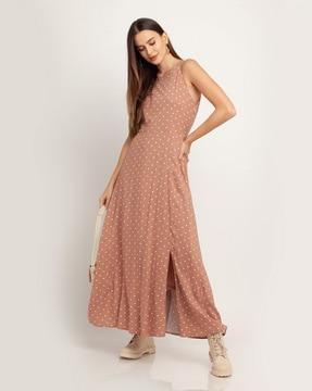 polka-dot print gown dress