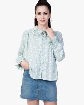 polka-dot print high-low gathered top with neck tie-up