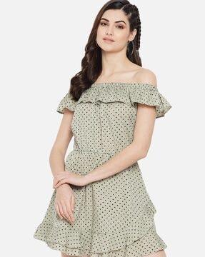 polka-dot print off-shoulder a-line dress