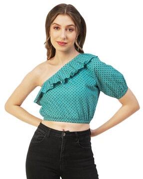 polka-dot print off-shoulder top