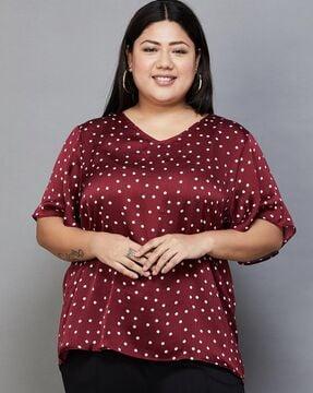 polka-dot print plus size v-neck top