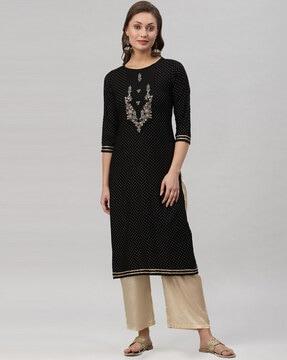 polka-dot print round-neck straight kurta