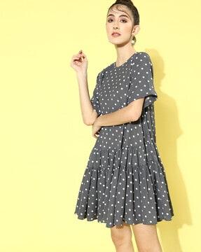 polka-dot print round-neck tiered dress