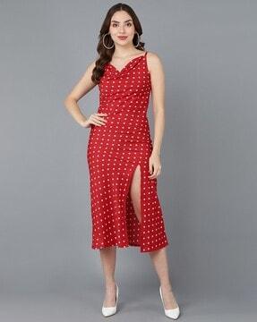 polka-dot print sheath dress with side spilt