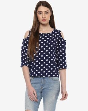 polka-dot print slim fit cold-shoulder top