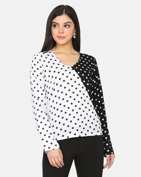 polka-dot print slim fit v-neck top