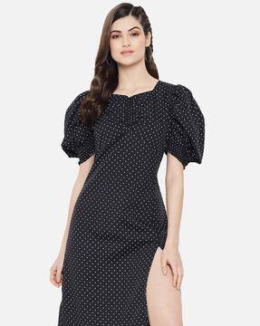 polka-dot print slit-front a-line dress