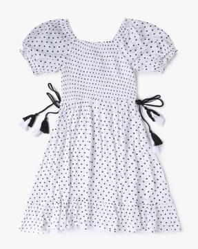 polka-dot print smocked a-line dress