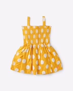 polka-dot print smocked fit & flare dress