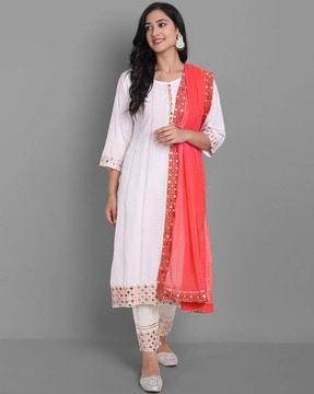 polka-dot print straight kurta set with dupatta