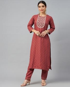 polka-dot print straight kurta suit set