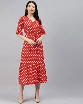 polka-dot print tiered dress with tie-up