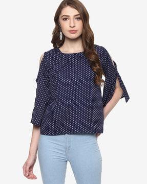 polka-dot print top with cold shoulders