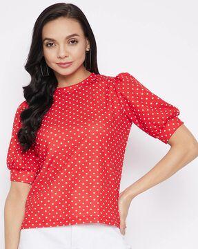 polka-dot print top with puff sleeves