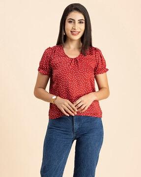 polka-dot print top with puff sleeves