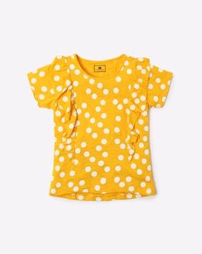 polka-dot print top with ruffle overlays