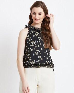 polka-dot print top with ruffled hems