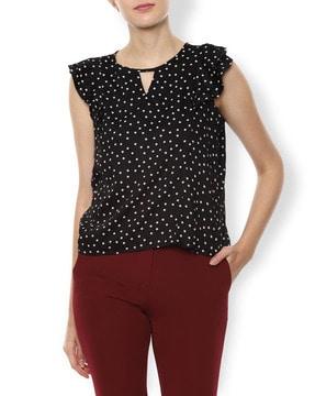polka-dot print top with ruffled sleeves