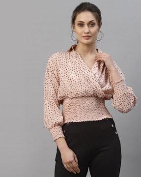 polka-dot print top with spread collar