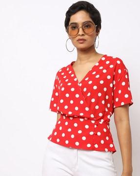 polka-dot print top with surplice neck