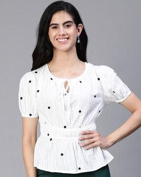 polka-dot print top with tie-up