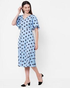 polka-dot print v-neck a-line dress