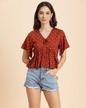 polka-dot print v-neck top