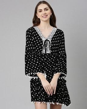 polka-dot printed v-neck fit & flare dress