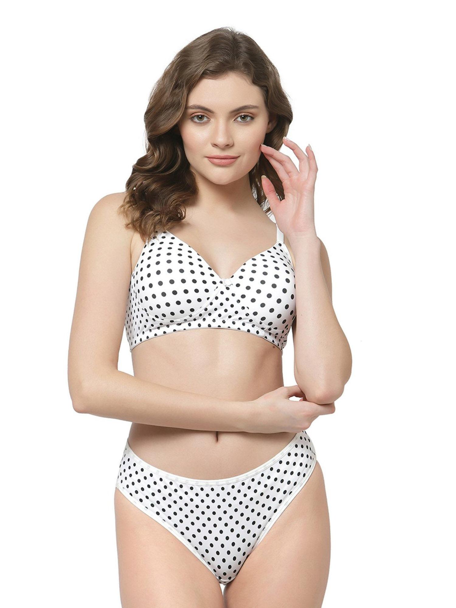 polka dot printed white lingerie set