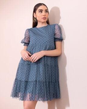 polka-dot round-neck tiered dress