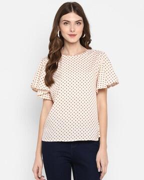 polka-dot round-neck top with flared sleeves