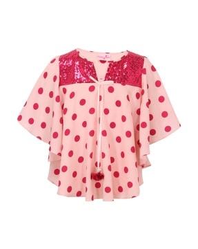 polka-dot round-neck top with overlay
