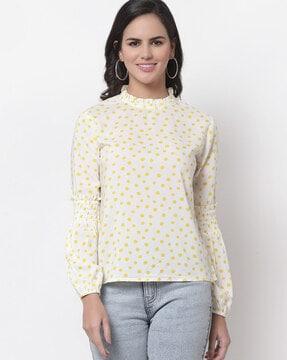 polka-dot ruffle-neck top