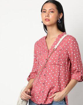 polka-dot shirt with notched band collar