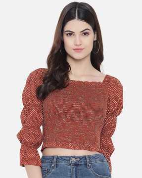 polka-dot smocked crop top