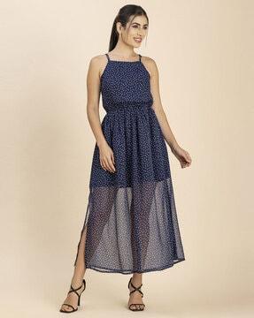 polka-dot square-neck a-line dress