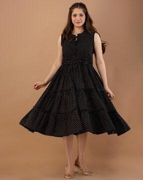 polka-dot tiered dress with neck tie-up