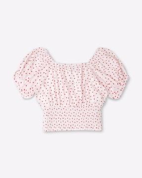 polka-dot top with puff sleeves