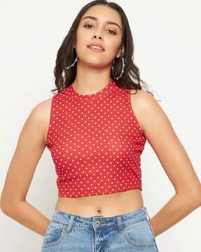 polka-dot top with round neckline