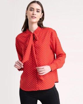 polka-dot top with tie-up neckline